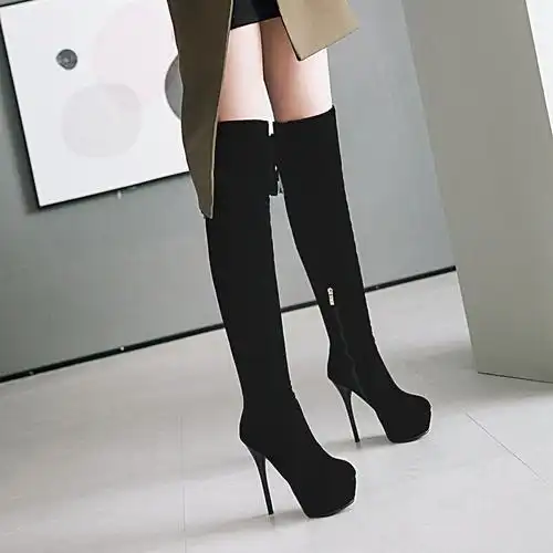 春秋子女弹力细跟高跟鞋超高结婚长靴新款过膝时装靴