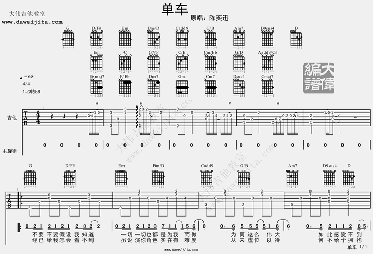 1大伟g调版 陈奕迅《单车》吉他弹唱六线谱