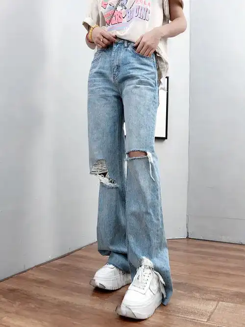 南油欧洲站2021春装新款破洞毛边字母宽松牛仔裤长裤女裤子潮