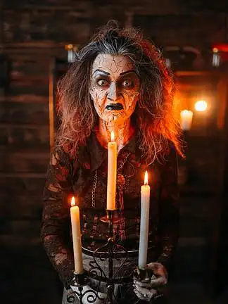 巫术的黑暗力量,精神上的诱惑女占卜者叫鬼恐怖的女巫,can着拐杖在