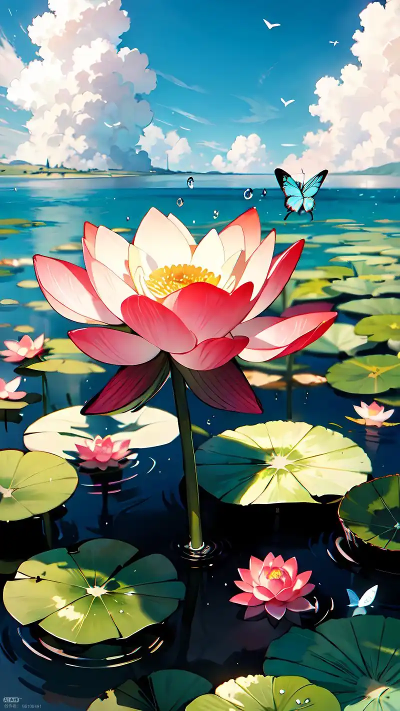 荷塘风光高清全景|荷花荷叶水珠蝴蝶 荷花晶莹剔透 ,  荷叶晶莹剔透