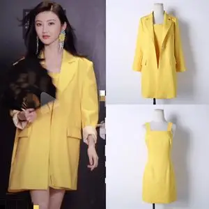 景甜明星同款衣服女春夏季2021新款气质清新宽松黄色西装外套上衣