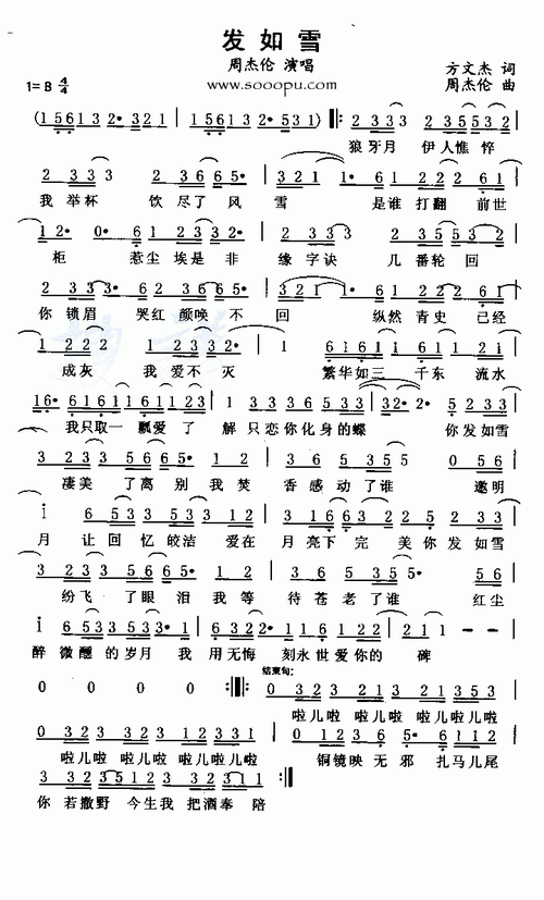 发如雪歌词作词:方文山 作曲:周杰伦演唱:周杰伦狼牙月 伊人憔悴我