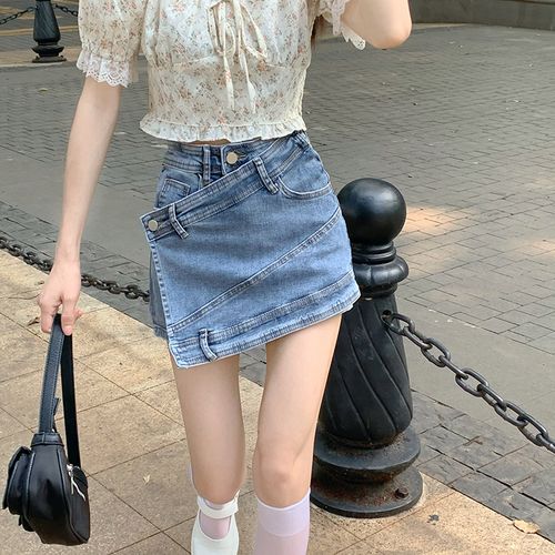 不规则拼接牛仔短裤女夏季新款大码胖mm显瘦设计感a字阔腿短裤裙