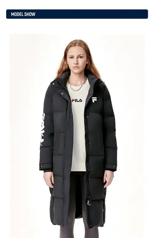 fila斐乐女装情侣羽绒服冬季中长款羽绒服保暖外套正黑色f11w149909