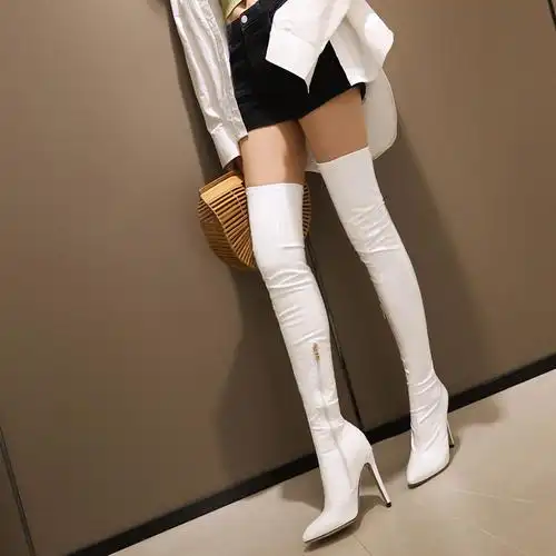 细高跟过膝长筒皮靴有气质秋天穿的超长美腿靴包腿漆皮长靴子大码4449