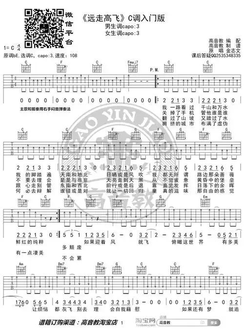 金志文远走高飞吉他谱c调吉他弹唱谱入门版