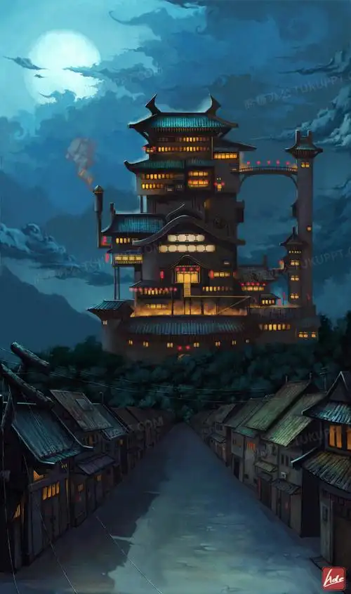 唯美古风建筑夜景插画