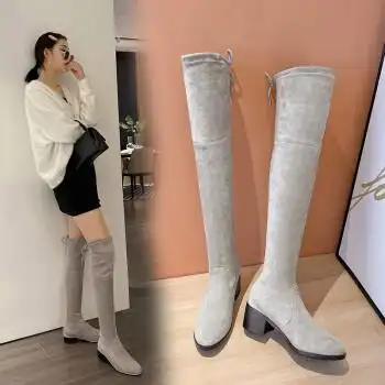 sw长靴女过膝靴2022秋粗跟高筒靴女弹力加绒冬款内增高瘦瘦袜靴大腿靴