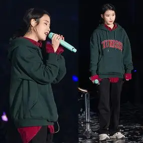 iu李智恩明星同款演唱会绿色宽松字母刺绣套头连帽加绒卫衣外套女