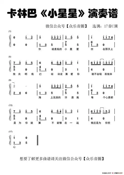小星星(拇指琴卡林巴琴和弦简谱)