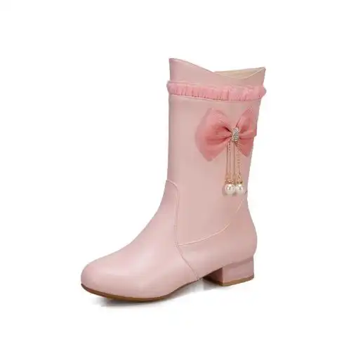 女童靴子演出走秀高跟白色小女孩中筒单靴子儿童皮靴