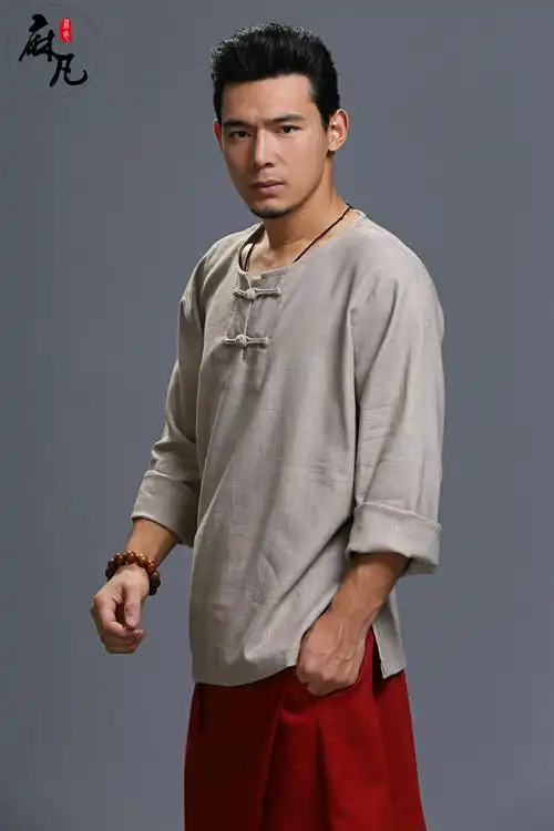 麻凡布衣2014新款男装民族风圆领粗麻长袖两扣盘扣衫时尚修身
