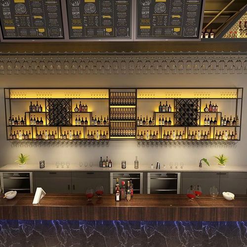 轻奢定制吧台挂式酒架靠墙菱形酒格酒吧发光酒柜铁艺红酒架子