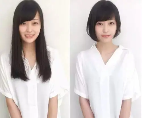 剪短发前后对比look2大脸妹纸剪短发更瘦更美了,齐肩短发,发尾打薄