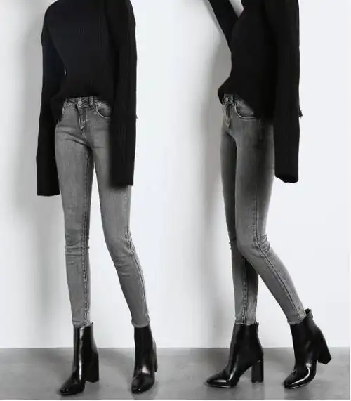 cken加长女裤牛仔裤女高个子烟灰色春秋季长版裤子超长显瘦弹力铅笔裤