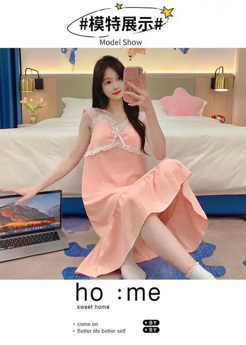 夏季新款甜美公主风可拆卸胸垫花边领吊带中长款连衣裙家居服睡裙
