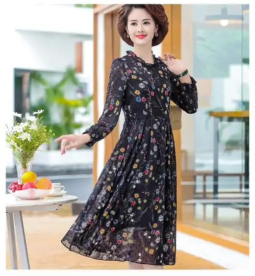 夕兰依妈妈连衣裙中长款母亲节春夏季高贵中老年女装夏装雪纺裙子洋气