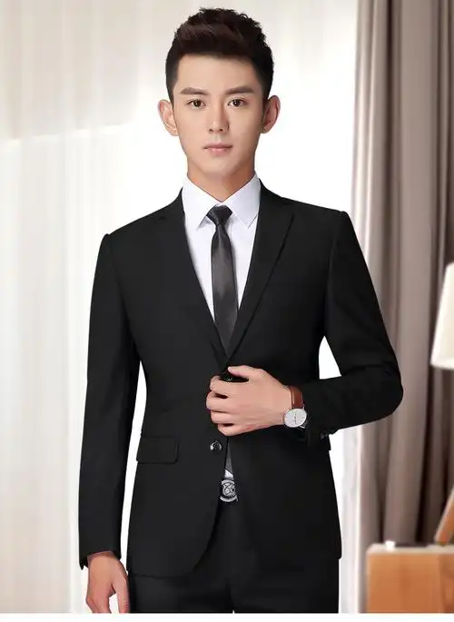 西装男套装三件套韩版修身职业正装新郎结婚礼服男士商务休闲西服 黑