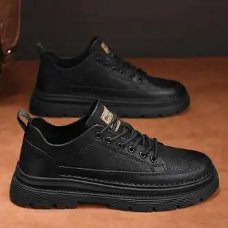 seebyformer伦风休闲皮鞋男士马丁靴男款秋季低帮英真皮纯黑运动工装