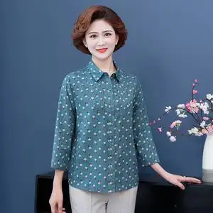 中老年女妈妈装夏装七分袖上衣奶奶新款棉麻衬衫大码宽松中袖衬衣