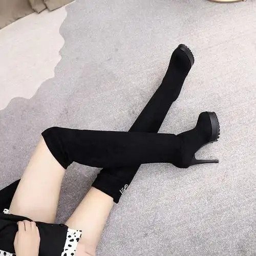 贺世哲细高跟过膝长筒皮靴黑色高筒弹力靴女子长靴显瘦超高跟水台细跟