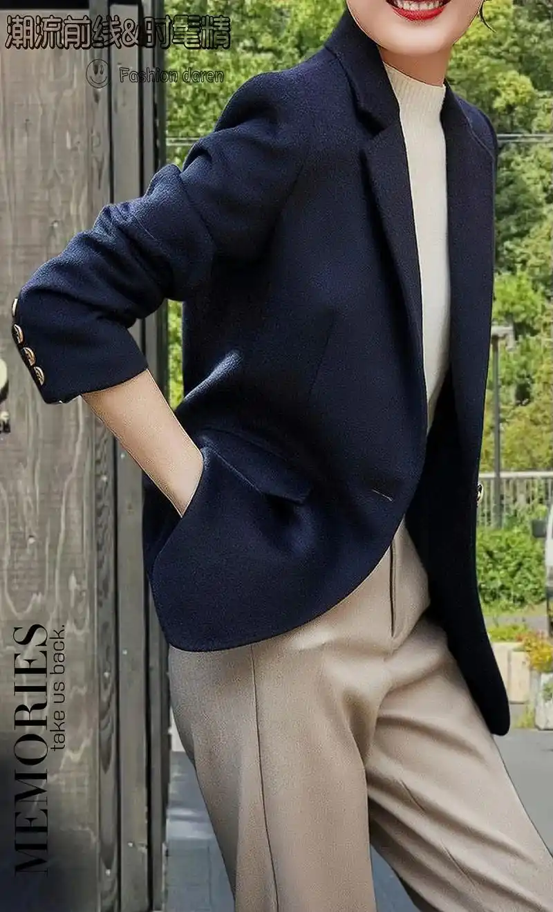 藏青色毛衣西装外套.姐妹们!藏蓝色真的很显高贵!毛呢面料质感 - 抖音