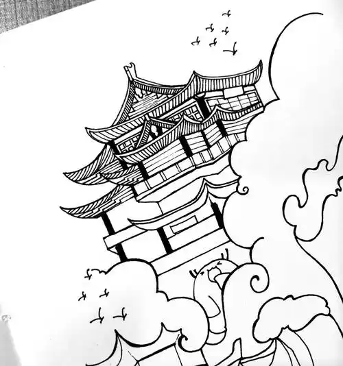 简笔画大全手绘线描简笔画古风建筑插画这是一组古建筑简笔画的内容