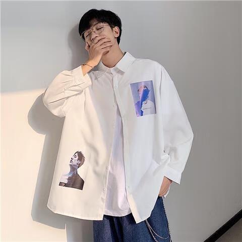 白衬衫学生春秋季薄款长袖衬衫男大码韩版潮流ins港 白【e07头像】 s