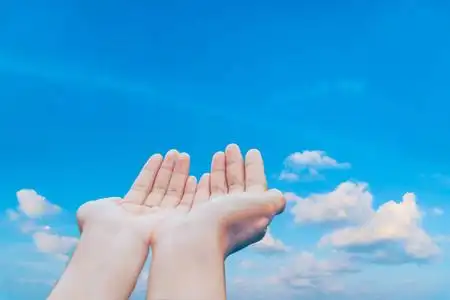 大自然签名女人在大自然绿色的背景前双手合十祈祷.照片