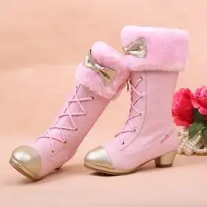 粉色冬季女童靴子韩版儿童高跟雪地靴新款公主靴女孩子高筒长靴女