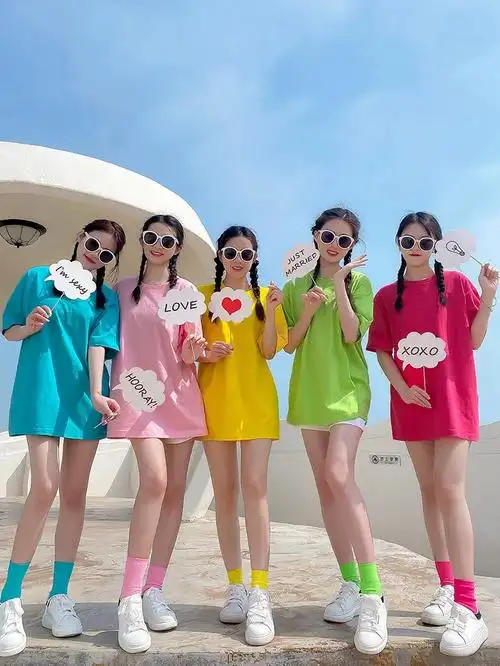 糖果彩色t恤女夏2022年新款闺蜜装班服定制