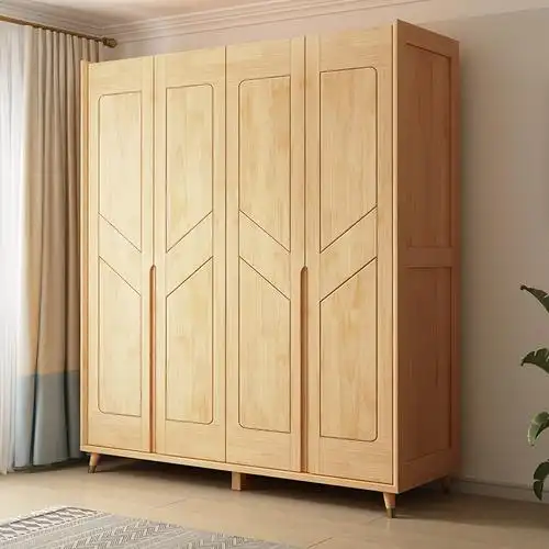 搏德森北欧工程单实木衣柜现代简约卧室简易四门大衣橱平开门橡胶木