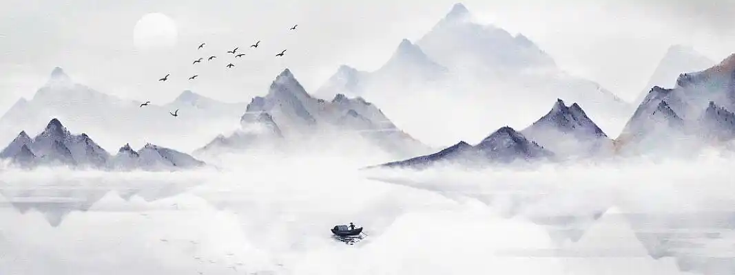 古风水墨山水小船渔夫背景插画古风山水