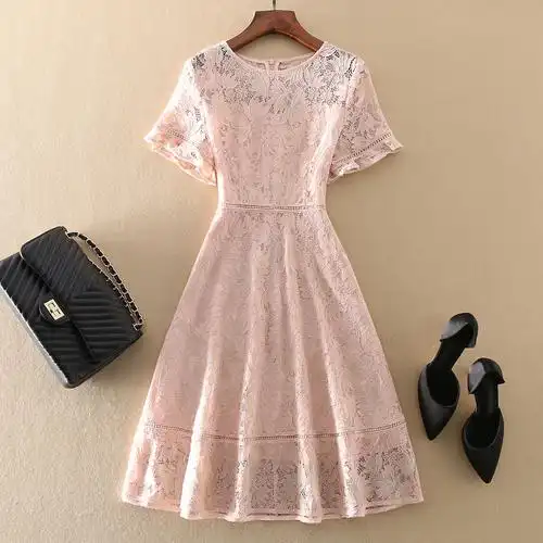 中长款气质女装纯色蕾丝裙夏日裙子收腰显瘦淑女名媛连衣裙女减龄