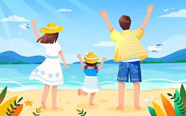 蓝色海滩一家三口插画海边人物