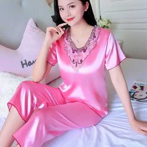 睡衣女夏仿真冰丝薄款短袖九分裤女士加大加肥两件套装夏天家居服