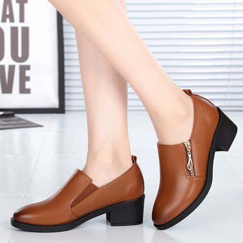 女秋季新款子中跟百搭休闲潮流中年女士皮鞋女鞋深口真皮粗跟单鞋