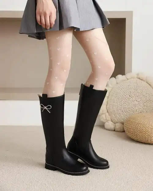 女童靴子冬季儿童高筒靴小女孩加绒中大童靴学生公主高跟皮靴粉色a款