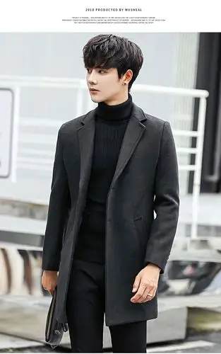 羊毛呢子大衣男中长款修身帅气秋冬韩版男士风衣毛呢外套青年 黑色 m
