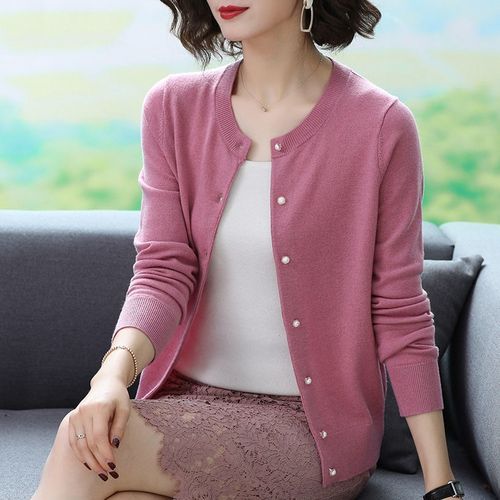 鄂尔多斯市羊绒女针织开衫外套羊毛春秋新薄短款宽松毛衣圆领上衣