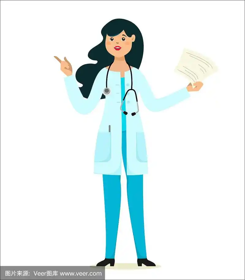 带有卡通风格听诊器的女医生.矢量字符在白色背景