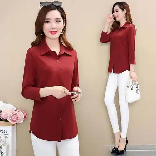 科尔伯秋季新长袖衬衣女上衣洋气减龄中年妈妈装衬衫大码打底衫女
