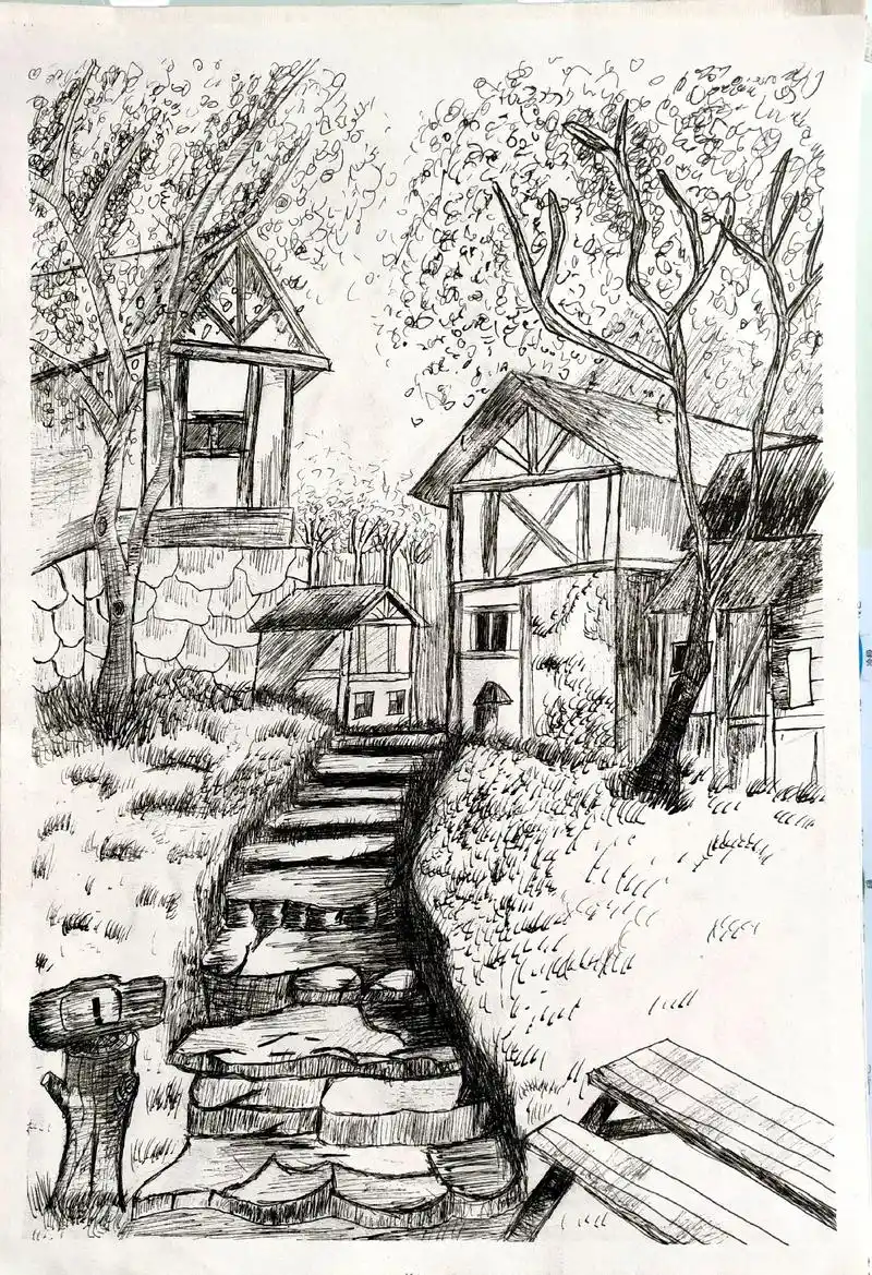 黑白线描《初冬》学生作品.#风景写生 用线疏密有秩#画室日常 - 抖音