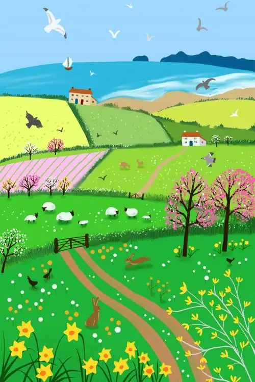 卡通 风景 春天的风景 果树, 卡通春天出游的风景背景, 马路, 风景背