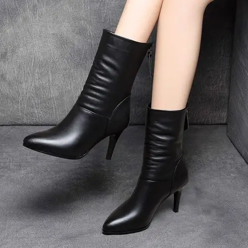 中筒靴女高跟2020新款百搭加绒真皮高筒靴尖头马丁靴女细跟女皮靴