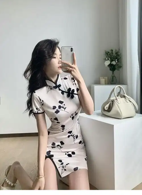 小个子性感复古印花改良式少女开叉旗袍连衣裙夏季女