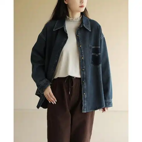 天然出品水洗深蓝色加绒牛仔外套女宽松休闲百搭开衫秋冬wa5991