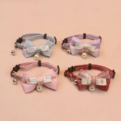 新款跨境爆款宠物项圈格子蝴蝶结铃铛猫项圈可爱珍珠挂件狗项圈
