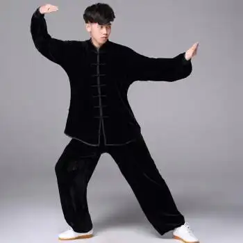 冬季太极服金丝绒中年女加厚男秋冬中老年练功服中式武术中国风 黑黑